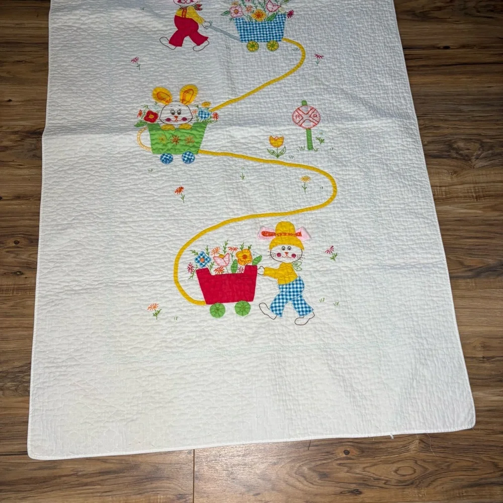 Vintage‎ Bunny Rabbit Baby Blanket Crib Hand Embroidered 55.5x34 3D Ears Easter